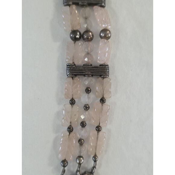 Rare Vintage Bracelet Sterling Silver 925 And Carved Rose Quartz Layered Beads - Picture 5 of 16